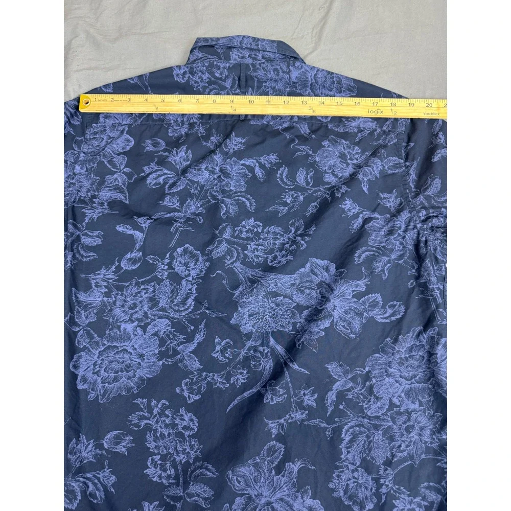 Banana Republic Mens Large Luxe Poplin Untucked Slim Fit Floral Shirt Navy Blue